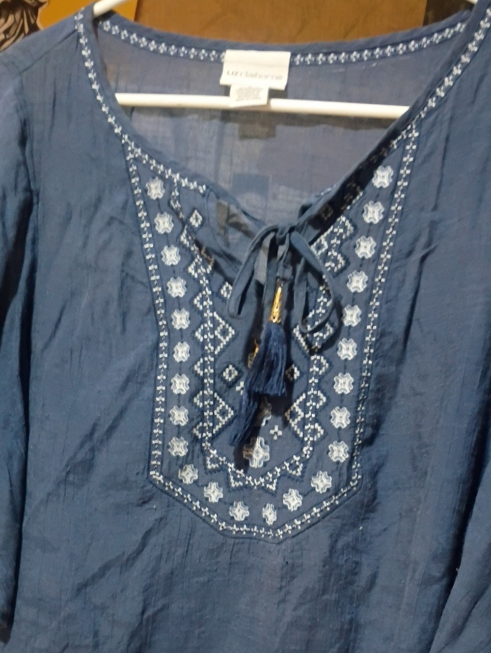 Liz Claiborne Blue Embroidered Tassel Tunic